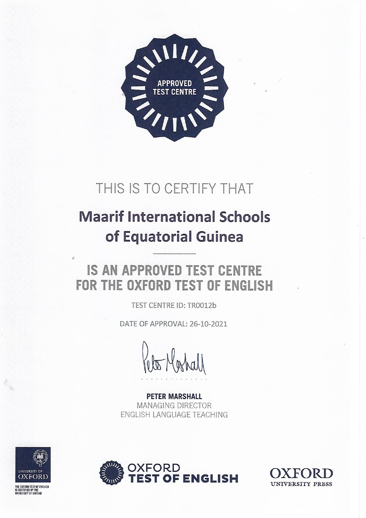 Approved Oxford Test of English Test Centre